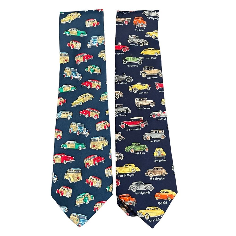 Bruce L Robertson Silk Tie Antique Cars & Woodys  Car Pattern Lot Of 2, USA Made